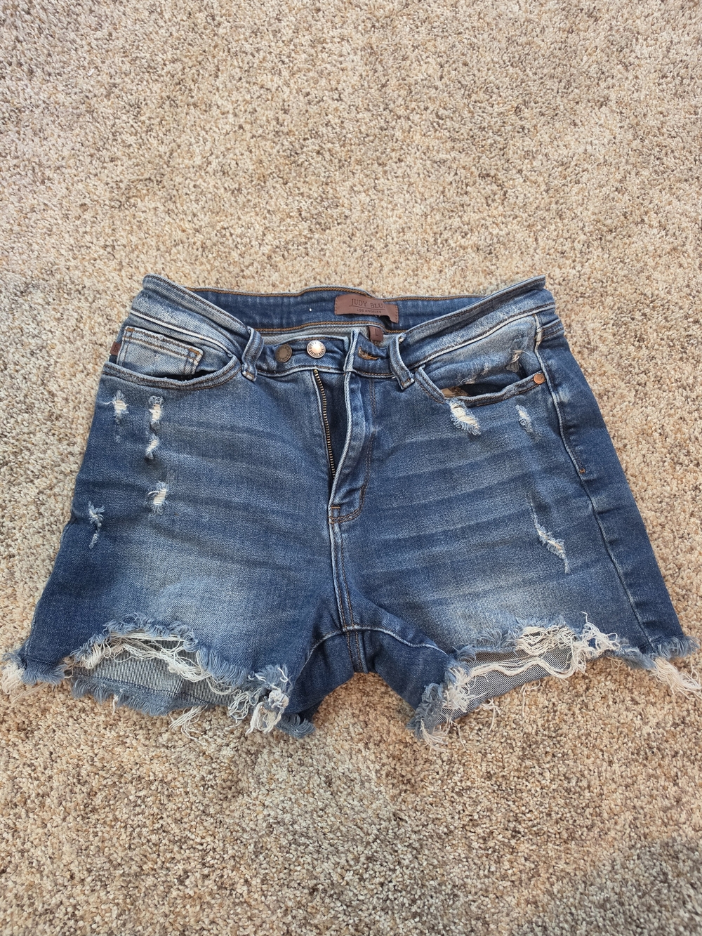 Judy Blue Distressed Frayed Hem Denim Shorts in Dark Blue